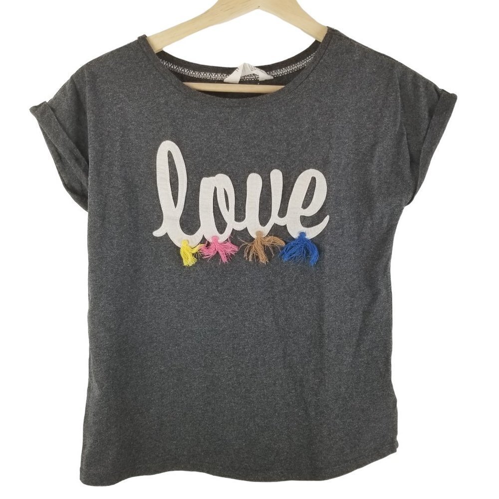 H&m Shirt Girls 10-12 Gray Short Sleeve Love Spellout Tassels Cap sleeves boho